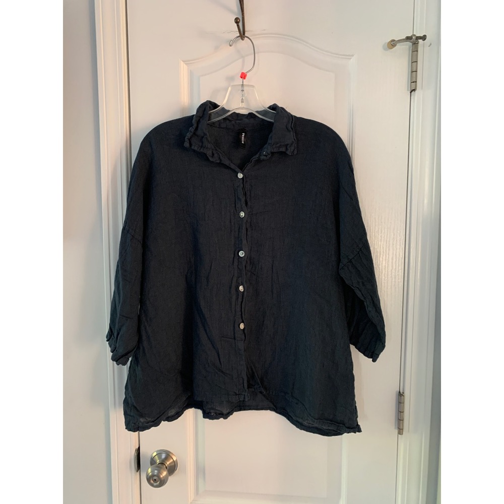 Venti6 Womens Linen Button Down Shirt Navy Blue Made in Italy Oversized Top M